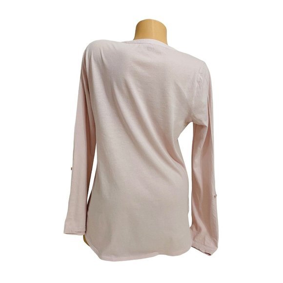 LOFT Women’s MEDIUM V-Neck Top Long Roll Tab Sleeve T-shirt With Pockets - Picture 2 of 5